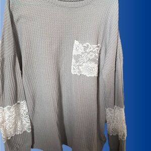 Gray Long Sleeve Top with Lace Accents